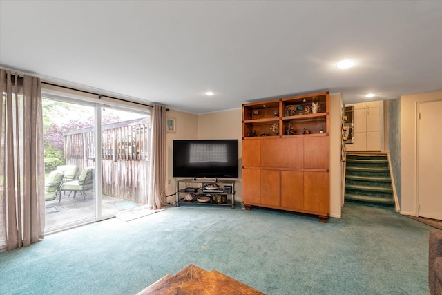 1055 Cedarhurst St, North Woodmere, NY 11581 - carpeted living room with stairway and recessed lighting