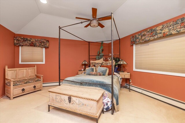 1055 Cedarhurst St, North Woodmere, NY 11581 - bedroom featuring a baseboard radiator, carpet floors, lofted ceiling, and ceiling fan