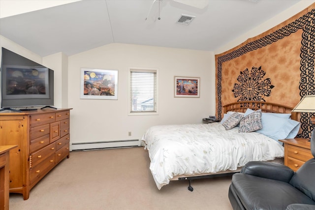 1055 Cedarhurst St, North Woodmere, NY 11581 - bedroom with a baseboard heating unit, light carpet, vaulted ceiling, and a ceiling fan
