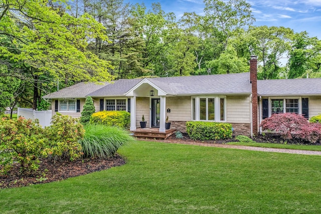 8 Bridle Path Rd, Smithtown, NY 11787 - ranch-style home featuring a chimney and roof with shingles