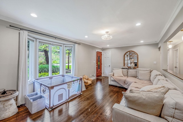 8 Bridle Path Rd, Smithtown, NY 11787 - living area with recessed lighting, dark wood-style floors, ornamental molding, baseboards, and a chandelier