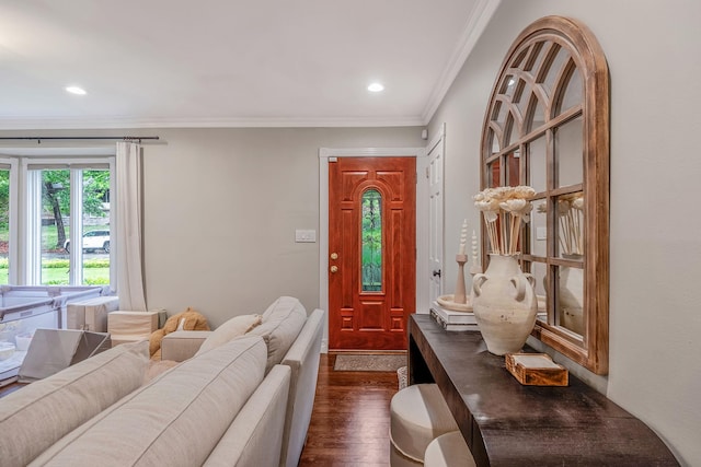 8 Bridle Path Rd, Smithtown, NY 11787 - foyer with crown molding, dark wood-style floors, and recessed lighting