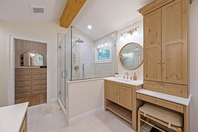 8 Bridle Path Rd, Smithtown, NY 11787 - full bath with vanity, a stall shower, and tile patterned flooring