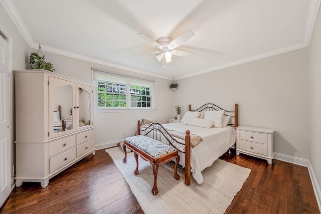 8 Bridle Path Rd, Smithtown, NY 11787 - bedroom with dark wood-style floors, crown molding, baseboards, and ceiling fan