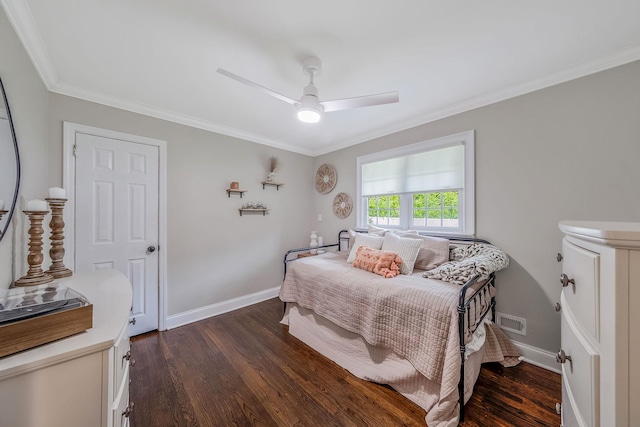 8 Bridle Path Rd, Smithtown, NY 11787 - bedroom featuring crown molding, dark wood-style floors, baseboards, and ceiling fan