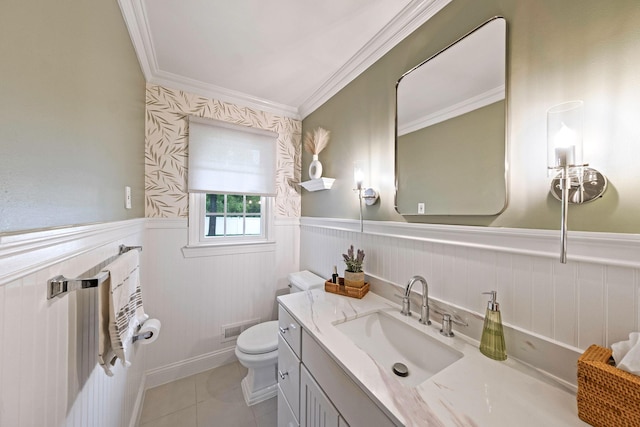 8 Bridle Path Rd, Smithtown, NY 11787 - bathroom featuring a wainscoted wall, toilet, ornamental molding, vanity, and tile patterned floors