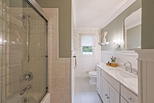 8 Bridle Path Rd, Smithtown, NY 11787 - full bathroom featuring wainscoting, toilet, crown molding, enclosed tub / shower combo, and tile patterned floors