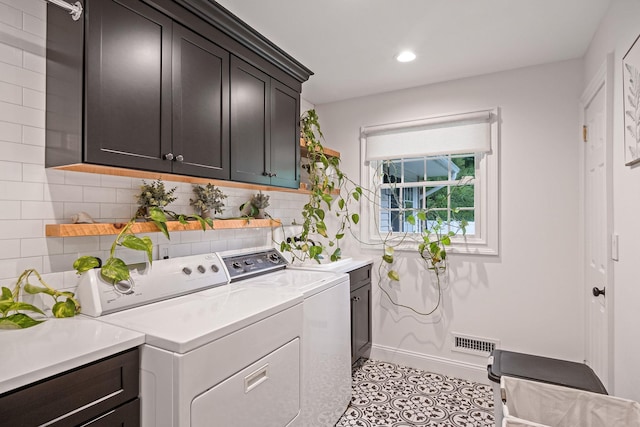 8 Bridle Path Rd, Smithtown, NY 11787 - laundry room featuring cabinet space, washer and clothes dryer, recessed lighting, and light tile patterned floors