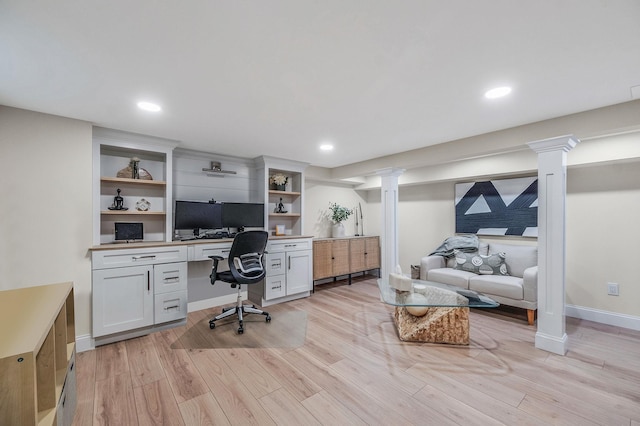 8 Bridle Path Rd, Smithtown, NY 11787 - office area featuring ornate columns, light wood-style flooring, baseboards, and recessed lighting