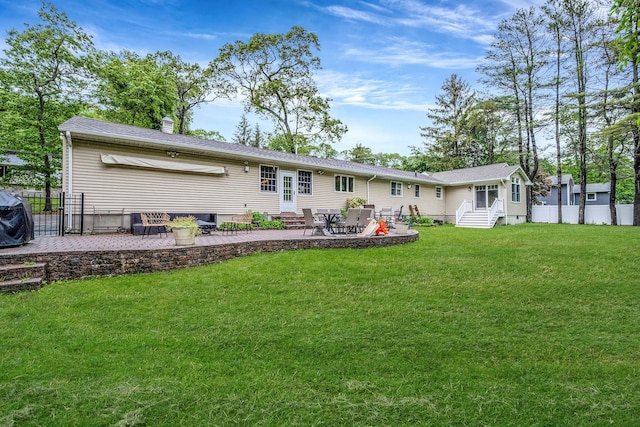 8 Bridle Path Rd, Smithtown, NY 11787 - rear view of property with entry steps, a patio area, and a chimney