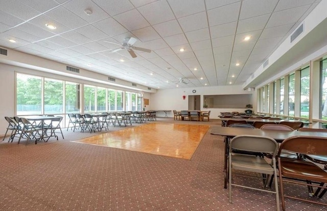 65 Sagamore Hills Dr, Port Jefferson Station, NY 11776 - dining room featuring carpet flooring, a ceiling fan, and recessed lighting