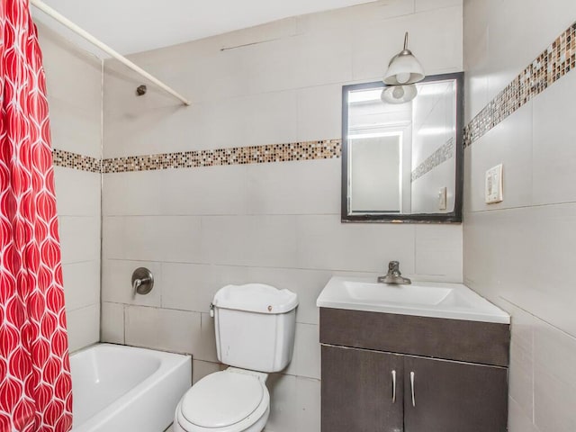 3333 Tiemann Ave, Bronx, NY 10469 - bathroom featuring tile walls, vanity, shower / bath combo with shower curtain, and toilet