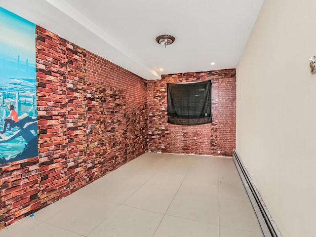 3333 Tiemann Ave, Bronx, NY 10469 - hallway featuring a baseboard radiator and brick wall