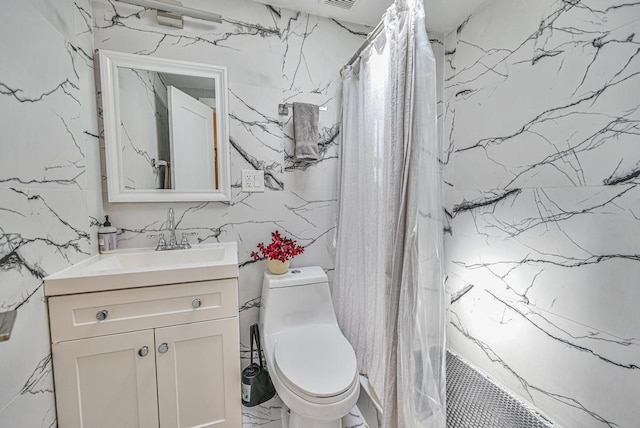 520 Meeker Ave, Brooklyn, NY 11222 - bathroom with vanity, toilet, marble finish flooring, and curtained shower