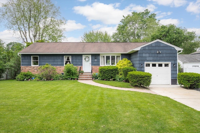 10 Montana St, Huntington, NY 11743 - ranch-style house featuring a garage, concrete driveway, a front yard, and brick siding
