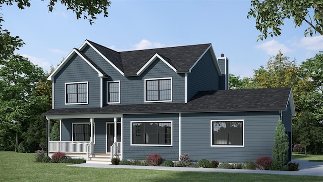 1A E Grove St, Port Jefferson Station, NY 11776 - view of front of house featuring covered porch, a front lawn, a chimney, and roof with shingles