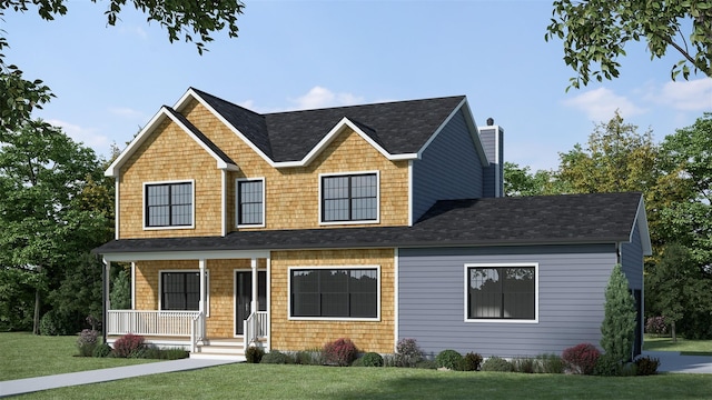1A E Grove St, Port Jefferson Station, NY 11776 - view of front of home featuring covered porch, a front yard, a shingled roof, and a chimney