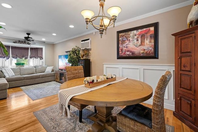 105 Fountain Ave, Selden, NY 11784 - dining room with a chandelier, ornamental molding, light wood-style flooring, ceiling fan, and recessed lighting