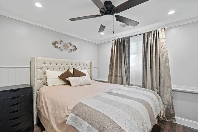105 Fountain Ave, Selden, NY 11784 - bedroom with wood finished floors, ornamental molding, recessed lighting, wainscoting, and ceiling fan