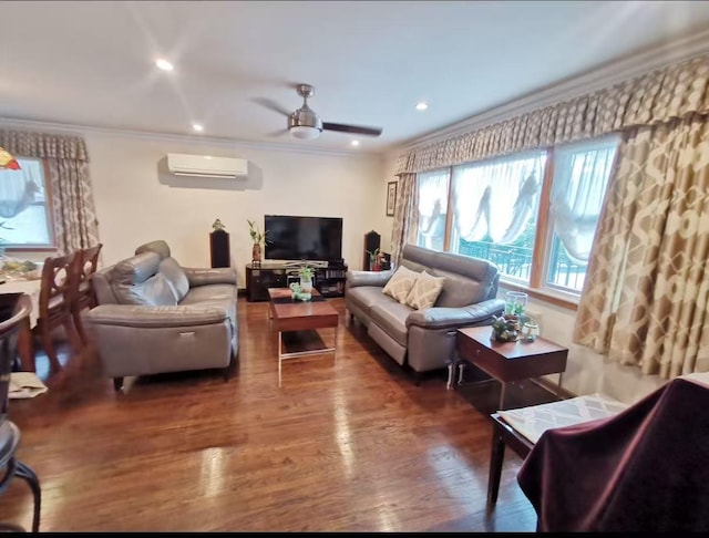35-73 167th St, Flushing, NY 11358 - living area featuring ornamental molding, a ceiling fan, a wall unit AC, wood finished floors, and recessed lighting