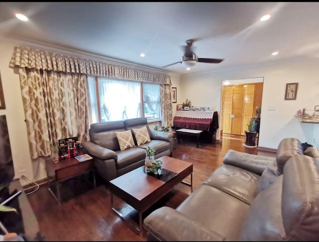 35-73 167th St, Flushing, NY 11358 - living area featuring ceiling fan, wood finished floors, recessed lighting, and crown molding