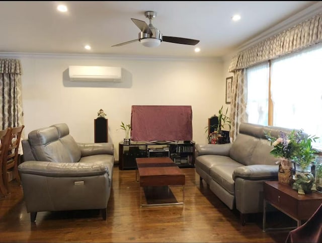 35-73 167th St, Flushing, NY 11358 - living area featuring an AC wall unit, a ceiling fan, ornamental molding, wood finished floors, and recessed lighting
