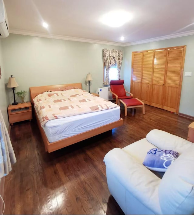 35-73 167th St, Flushing, NY 11358 - bedroom featuring a wall mounted AC, wood finished floors, and crown molding