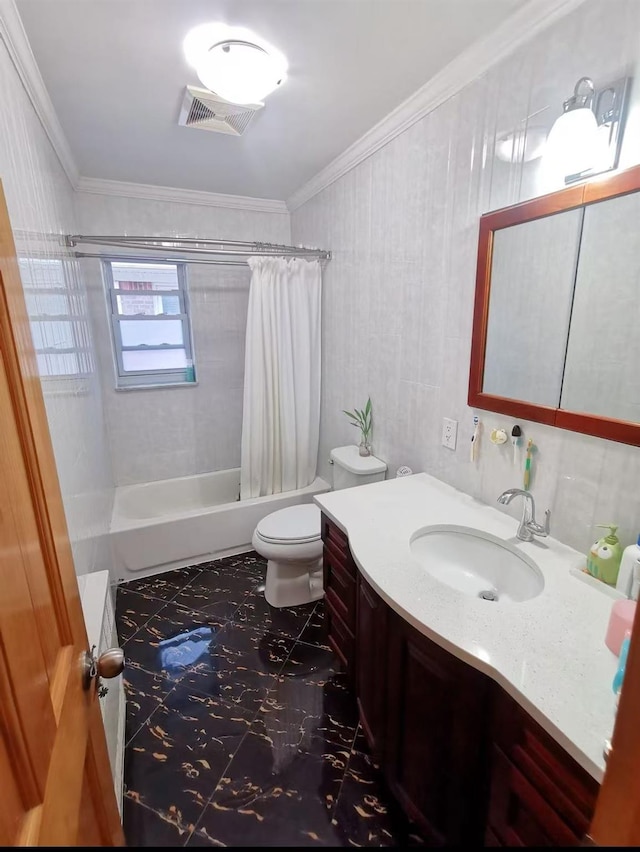 35-73 167th St, Flushing, NY 11358 - full bathroom with vanity, shower / bathtub combination with curtain, toilet, and ornamental molding