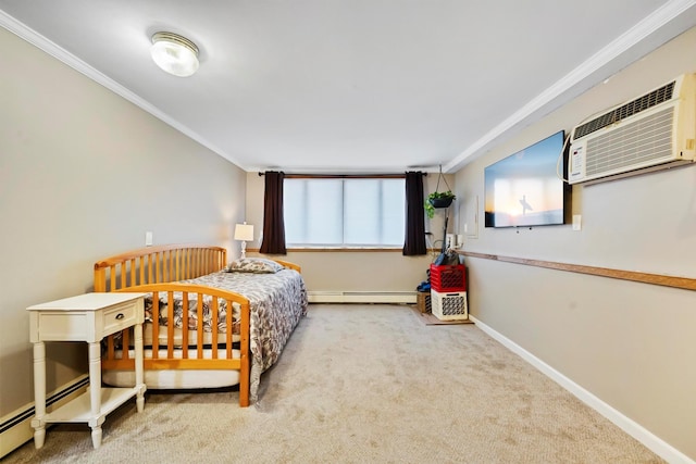 9 Duke St, North Babylon, NY 11703 - bedroom with a baseboard heating unit, ornamental molding, a wall mounted AC, carpet floors, and baseboards
