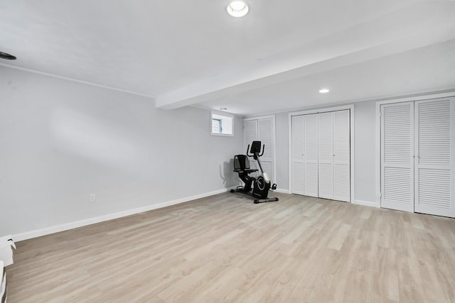 9 Duke St, North Babylon, NY 11703 - exercise area with light wood-type flooring, baseboards, and recessed lighting