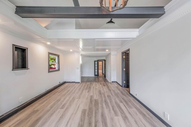 1 William St, Glen Cove, NY 11542 - spare room featuring light wood-style floors, beam ceiling, baseboards, crown molding, and recessed lighting