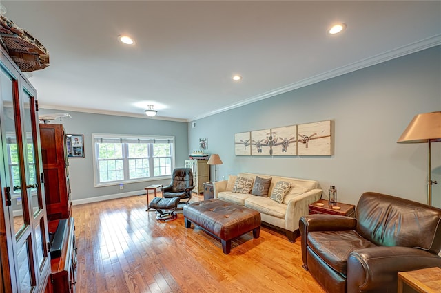 86 Manitou Trl, Kings Park, NY 11754 - living room with ornamental molding, light wood-style floors, baseboards, and recessed lighting