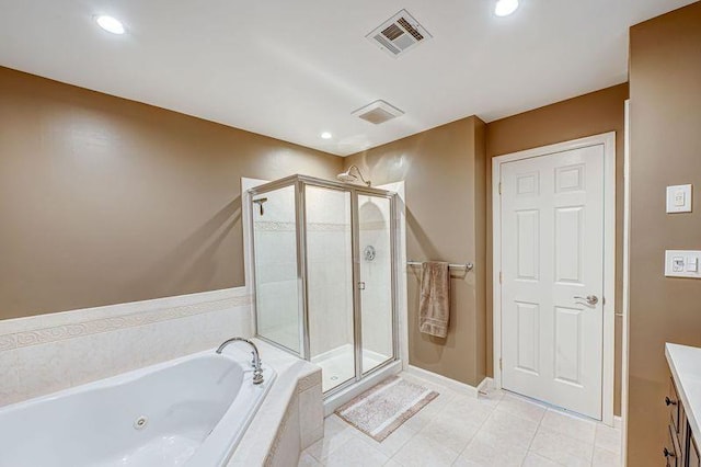 86 Manitou Trl, Kings Park, NY 11754 - bathroom featuring a tub with jets, a stall shower, vanity, recessed lighting, and tile patterned flooring