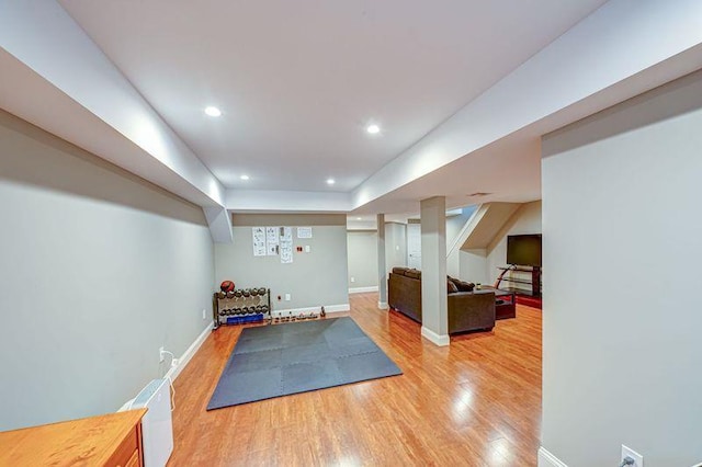 86 Manitou Trl, Kings Park, NY 11754 - workout area with light wood-type flooring, baseboards, and recessed lighting
