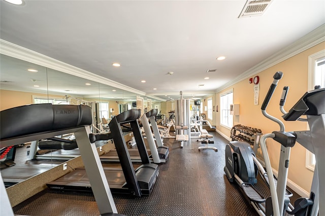 86 Manitou Trl, Kings Park, NY 11754 - gym with ornamental molding, baseboards, and recessed lighting