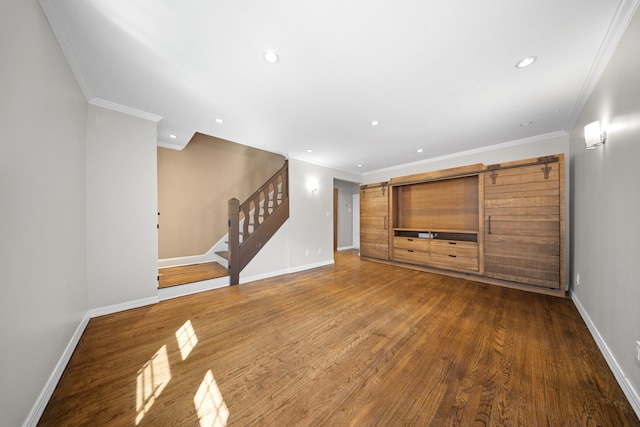 40-40 203rd St Unit 12B, Bayside, NY 11361 - unfurnished living room with stairway, baseboards, crown molding, recessed lighting, and wood finished floors