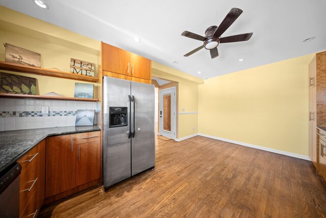 40-40 203rd St Unit 12B, Bayside, NY 11361 - kitchen with stainless steel appliances, wood finished floors, open shelves, ceiling fan, and tasteful backsplash
