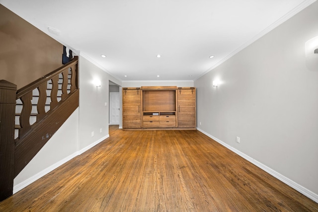 40-40 203rd St Unit 12B, Bayside, NY 11361 - unfurnished living room with baseboards, wood finished floors, crown molding, stairs, and recessed lighting