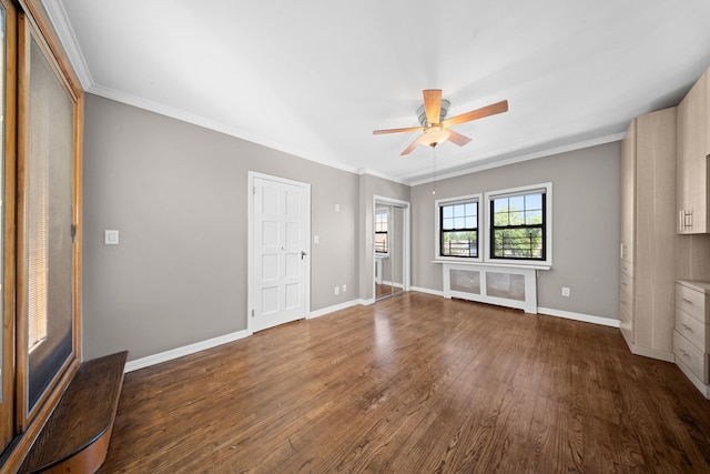 40-40 203rd St Unit 12B, Bayside, NY 11361 - unfurnished living room with dark wood-style flooring, ceiling fan, baseboards, and ornamental molding