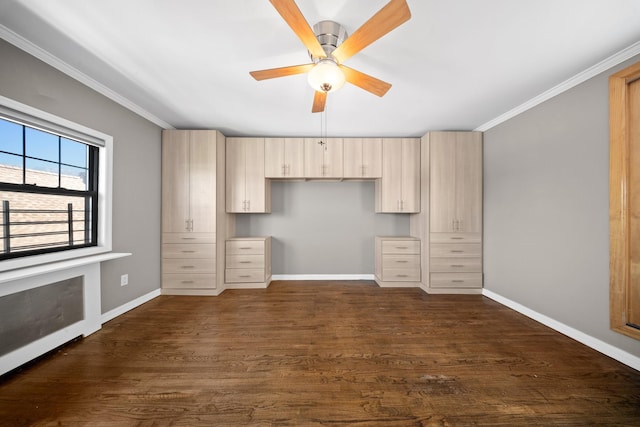 40-40 203rd St Unit 12B, Bayside, NY 11361 - unfurnished bedroom featuring baseboards, dark wood-style flooring, crown molding, a desk, and a ceiling fan