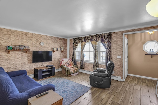 336 Auborn Ave, Shirley, NY 11967 - living room featuring a baseboard radiator, baseboards, and wood tiled floors
