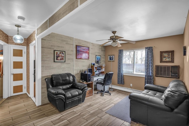 336 Auborn Ave, Shirley, NY 11967 - office with a baseboard heating unit, ceiling fan, a wall mounted air conditioner, brick wall, and wood finished floors