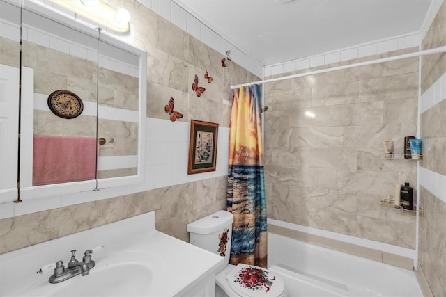 336 Auborn Ave, Shirley, NY 11967 - bathroom featuring shower / tub combo with curtain, toilet, tile walls, and vanity
