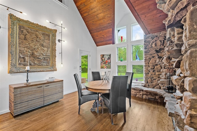 281 Hubert Rd, Jeffersonville, NY 12748 - dining area featuring wood finished floors, wooden ceiling, high vaulted ceiling, and baseboards
