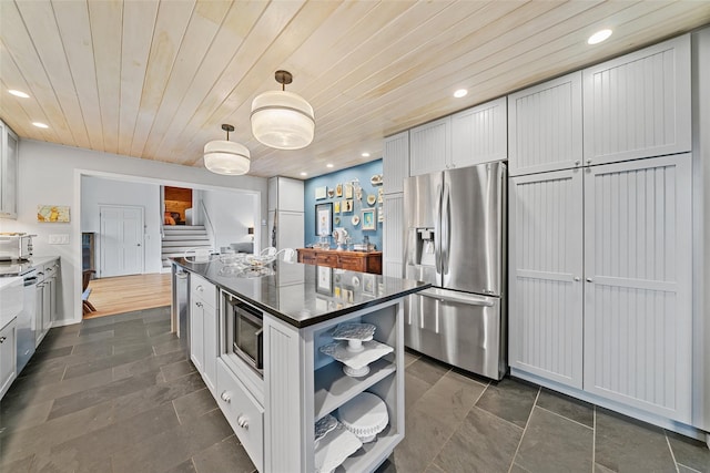 281 Hubert Rd, Jeffersonville, NY 12748 - kitchen featuring open shelves, appliances with stainless steel finishes, wood ceiling, recessed lighting, and a center island