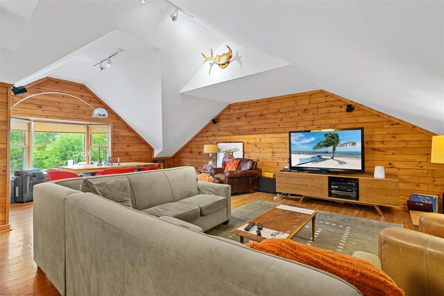 281 Hubert Rd, Jeffersonville, NY 12748 - living area featuring track lighting, wooden walls, wood finished floors, and lofted ceiling