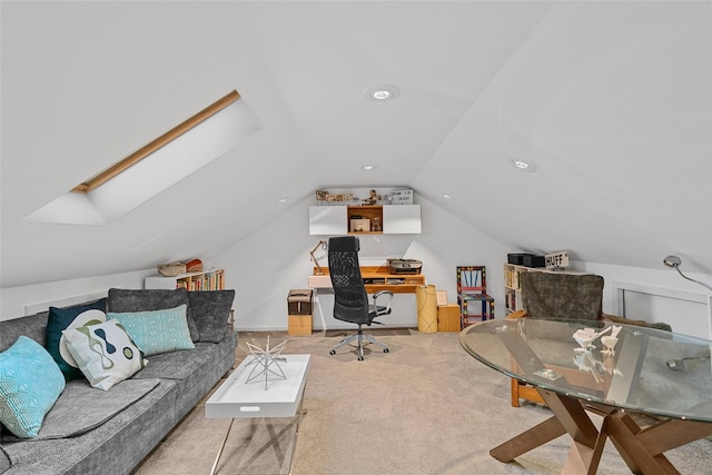 281 Hubert Rd, Jeffersonville, NY 12748 - carpeted home office with lofted ceiling, a skylight, and recessed lighting