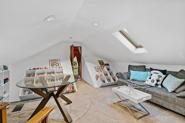 281 Hubert Rd, Jeffersonville, NY 12748 - carpeted living area featuring a skylight, vaulted ceiling, and recessed lighting