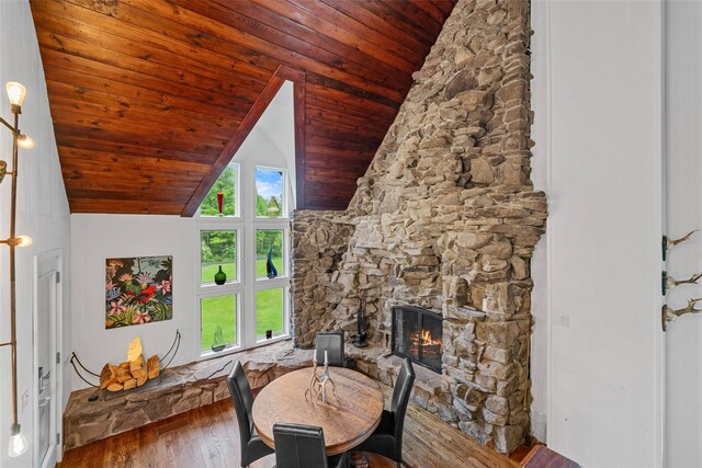 281 Hubert Rd, Jeffersonville, NY 12748 - living area featuring wooden ceiling, wood finished floors, a fireplace, and lofted ceiling