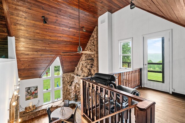 281 Hubert Rd, Jeffersonville, NY 12748 - staircase with wooden ceiling, wood finished floors, ceiling fan, and high vaulted ceiling